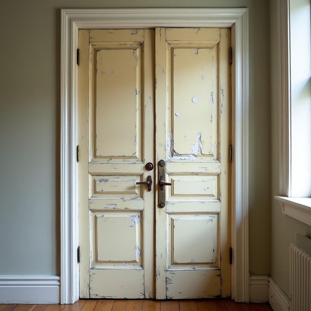 Porta in legno massello prima del restauro con vernice scrostata e opaca