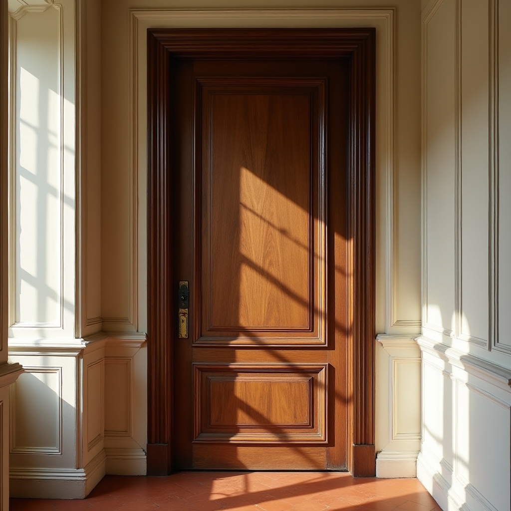Porta in legno noce restaurata con finitura a olio naturale, venatura ben visibile