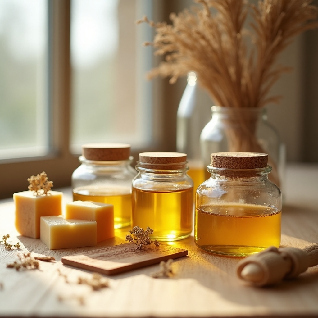 Barattoli di cera naturale e olio per legno disposti su superficie in legno chiaro