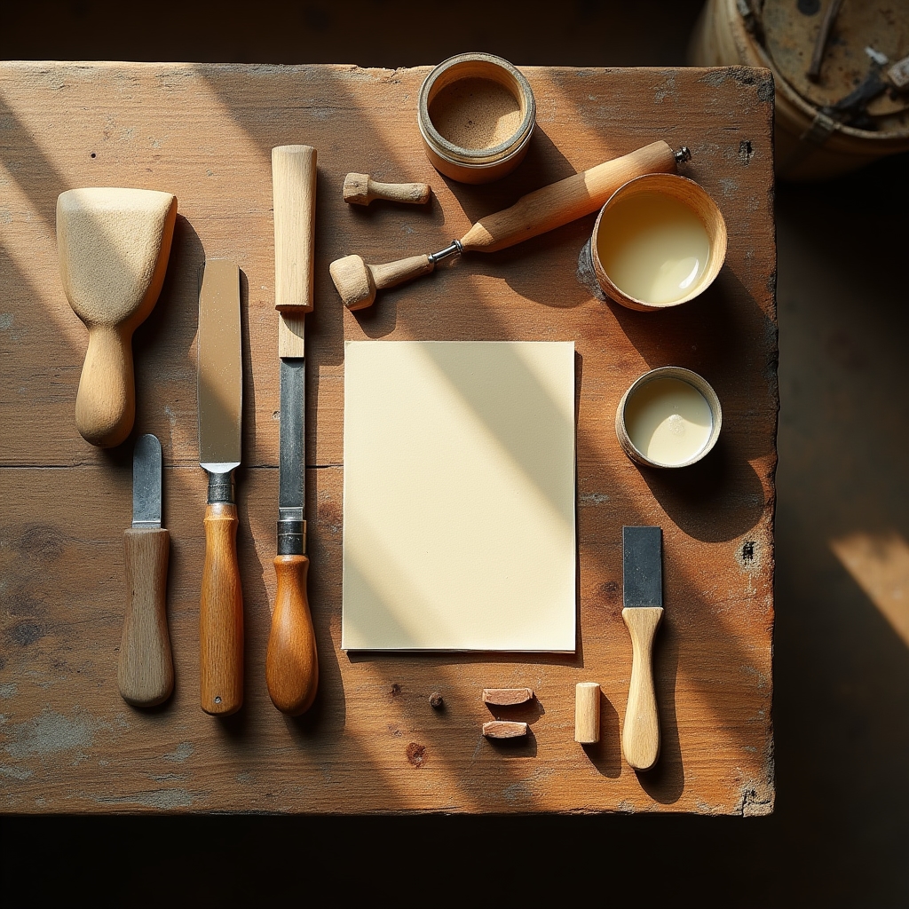 Utensili artigianali per il restauro del legno disposti su banco da lavoro in legno